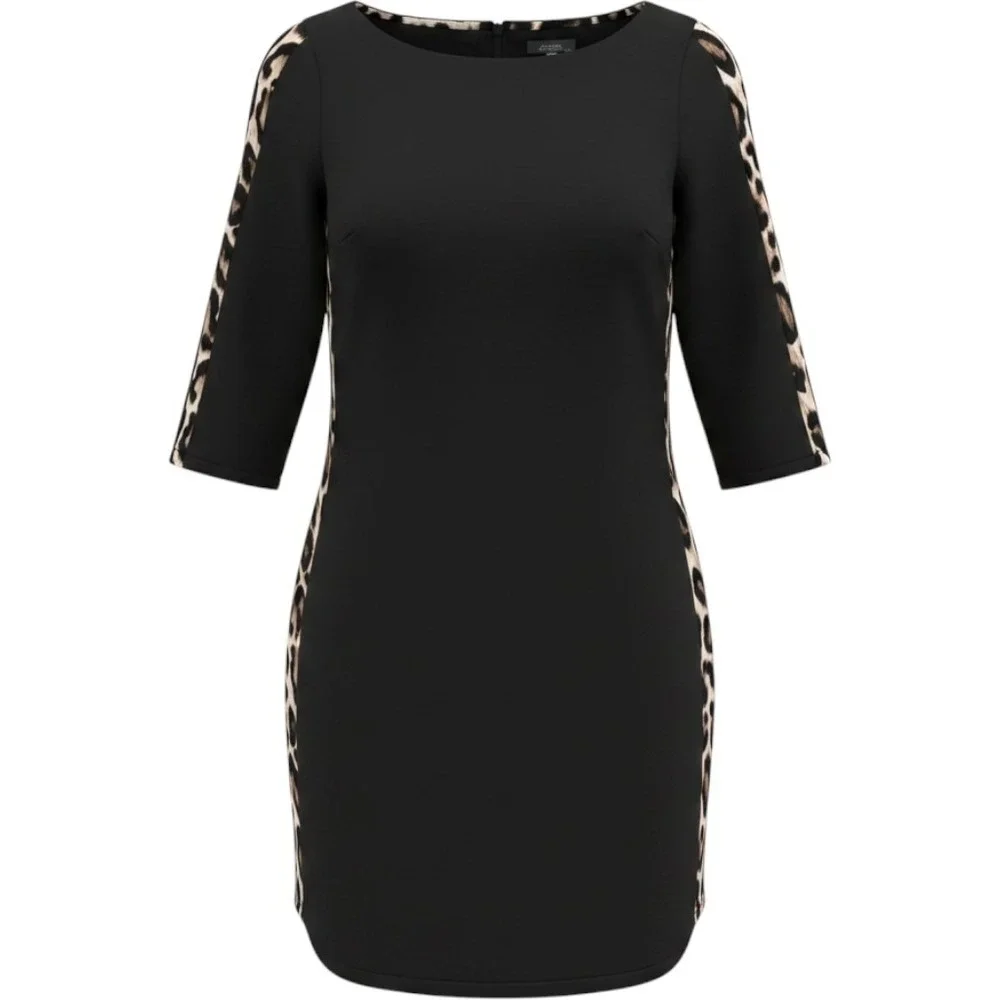 Vince Camuto Sheath Dress Women Size 4 Black Excellent Leopard Print Side Stripe